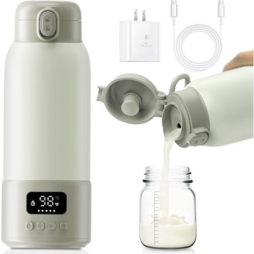 Calentador de botellas portátil, calentador de leche de gran capacidad de 17 onzas para bebé, calentamiento rápido para leche materna, fórmula y agua, calentador de leche portátil de larga duración para viajes con pasteurización, verde