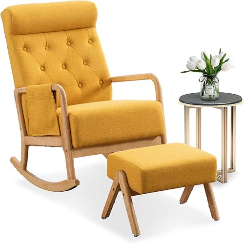 Rocking Chair Nursery, Glider Rocker with Ottoman High Backrest Recliner Chair Upholstered Fabric Lounge Chairs for Baby and Mom Modern Rocking armchair Indoor for Living Room Bedroom (Yellow)