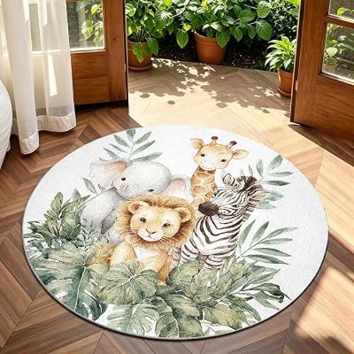 Jungle Animal Round Rug 7ft Elephant Lion Zebra Washable Rug Kids Room Circle Rug for Bedroom Living Room Dining Room Nursery Office Decor