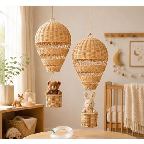 Ipetboom Natural Rattan Woven Hot Air Balloon Decor 2 pcs Hanging Ornaments for Nursery Kids Bedroom Preschool Home D Cor Accent Photo Prop 11.81 X 6.29 X 10.23 in