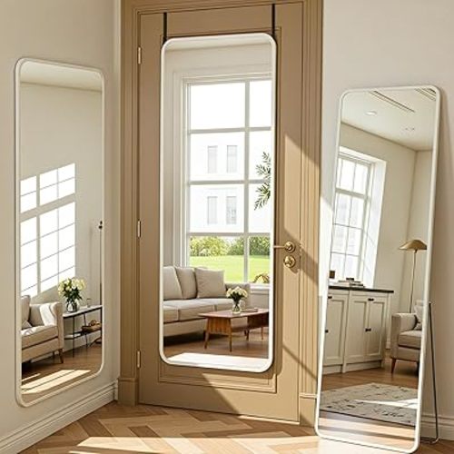 Antok 3-in-1 48" L x 14" W Full Length Mirror - Stands, Leans on Wall or Hangs with Hardware, Height-Adjustable Hangers for Home Decor,Living Room,Bedroom White Rounded Corner