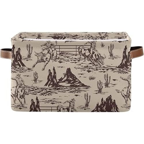 West Cactus Cowboy Large Storage Basket Cube Storage Bin Canvas Fabric Organizer Handles Collapsible Decorative for Clothes Toys Bedroom