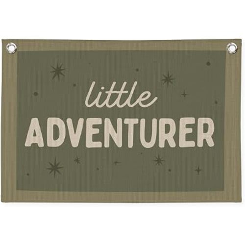 Nursery Decor,Little Adventurer Linen Banner,Green Nursery Wall Decor Hanging Banner Flag for Boys Toddler Nursery Room Bedroom Playroom 30x20 Inch