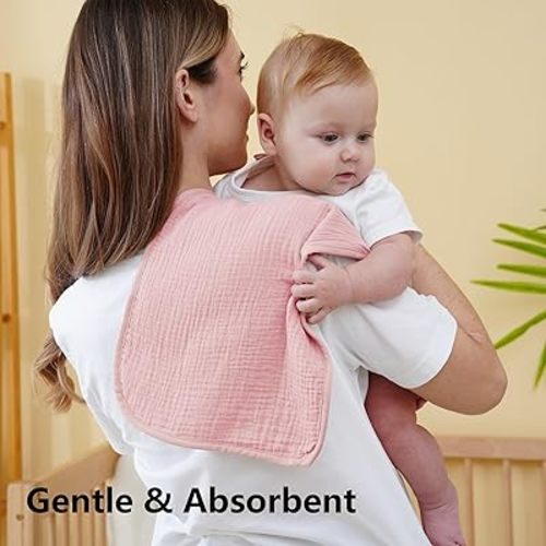 Baby Muslin Burp Cloths 4-Pack – Ultra Soft & Absorbent, Neutral Colors, Reusable 20x10inch Burping Clothes for Baby Boys & Girls – Newborn Essentials for Drooling & Burping(Pink)