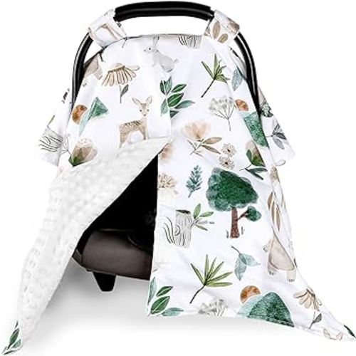 Minky Car Seat Cover for Baby Girl & Boys, Car Seat Canopy with Peep Window, Multiuse Carseat Covers Protecting Baby from Wind, Sun, Strangers, Woodland Animal