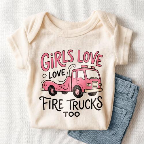 Girls Love Fire Trucks Too Baby Onesie - Cute Pink Fire Truck Girl Bodysuit