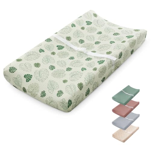 Blissful Diary Muslin Baby Changing Pad with Waterproof Lining Foam, Diaper Changing Table Pad with Cover for Dressers (Monstera, Rectangular)