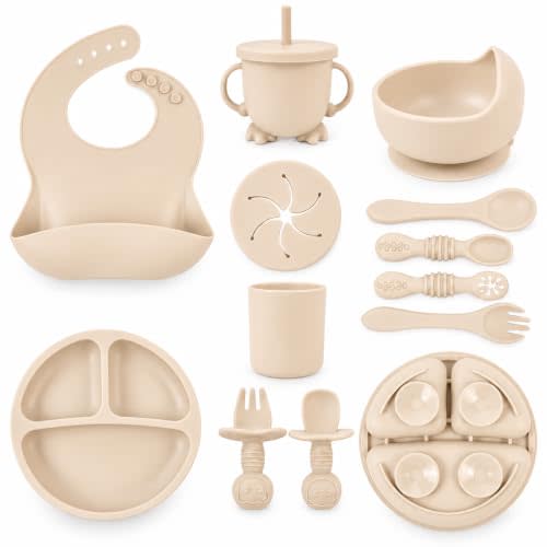 JOJO Baby 12-Piece Silicone Baby Feeding Set, Suction Plate & Bowl | Bib, Straw & Snack Cup, Open Cup, Baby Spoons & Forks for Self-Feeding & Baby-Led Weaning