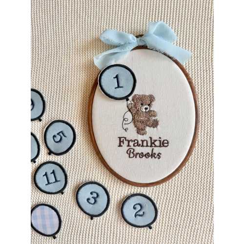 Baby monthly milestone hoop with embroidered teddy, personalised newborn photo prop gift