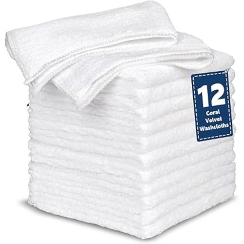 TEAWOO Coral Velvet White Washcloths 12 Pack, Highly Absorbent and Soft White Face Towels, Multi-Purpose Washcloths and Hand Towels for Bathroom, Hotel, Spa and Gym, 12 x 12 inches