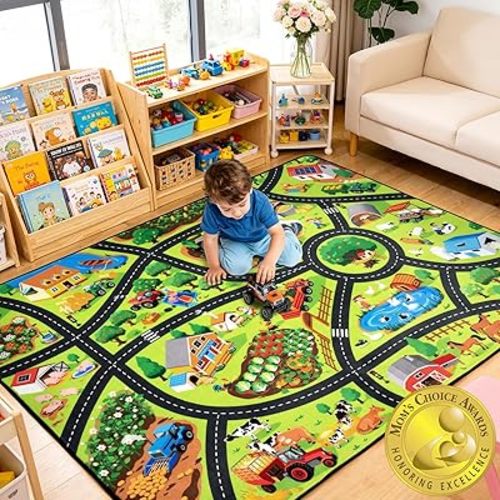 Kids Rug, Fun Farm Car Rugs for Kids' Toy Cars, 3x5 FT Extra Thick (0.4in) Toddler Car Play Mat, Non-Slip, Cushioned, Easy to Clean, Educational Imaginative Car Carpet for Kids