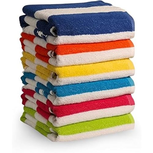 QUBA LINEN 100% Cotton Beach Towels, Cabana Stripe Beach Towel, Large Pool Towels, Highly Absorbent, Light Weight, Soft and Quick Dry Swim Towels, for Parties, Guests (Pack of 6)