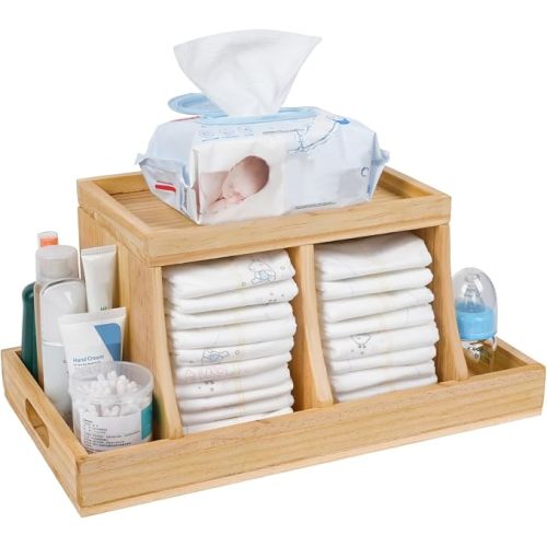 Diaper Caddy Organizer, Changing Table Organizer, Wooden Diaper Organizer for Nursery, Baby Diaper Storage Organizer with Removable Dividers (Brown, Rectangular Size)