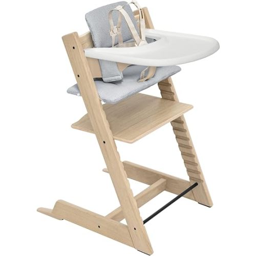 Stokke Tripp Trapp Oak High Chair 2 (Natural), Cushion 2 (Nordic Blue) + Stokke Tray (White) - Includes Chair + Baby Set with Removable Harness for Children 6-36 Months