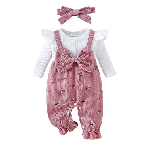 BemeyourBBs Newborn Baby Girl Spring Fall Winter Clothes Long Sleeve Romper One Piece Floral Print Fake Two Pieces Patchwork Jumpsuit Headband Cute Infant Outfits