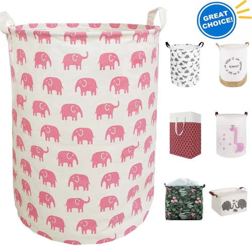 Walmart Collapsible Laundry Hamper, Waterproof with Leather Handle, Pink Elephant Design
