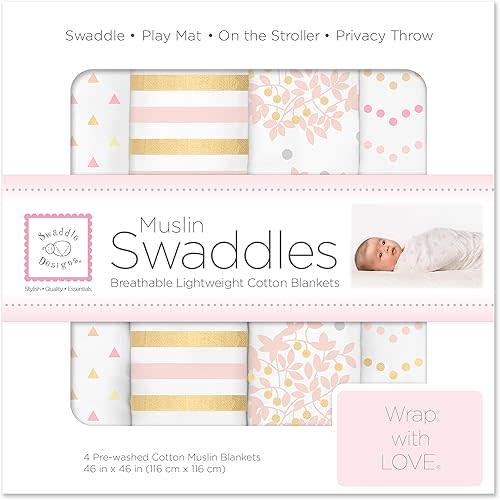 SwaddleDesigns Cotton Muslin Swaddle Blankets, Set of 4, Receiving Blankets for Baby Boys & Girls, Best Shower Gift, 46x46 inches, Pink Floral & Stripes