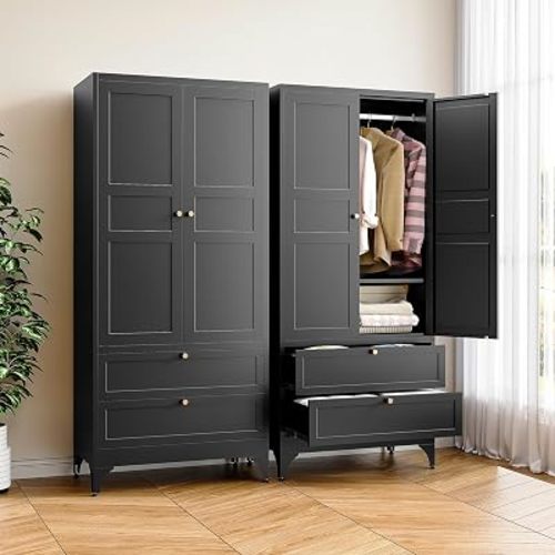 BYNSOE Metal Armoire Wardrobe Closet with 2 Drawers 71'' Wardrobe Cabinet with Drawers and Hanging Rail Metal Closet with Adjustable Shelves for Bedroom. (Black, with 2 Drawers)