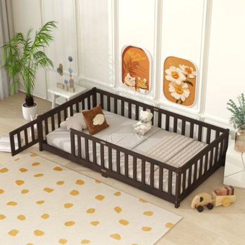 Bellemave Twin Floor Bed with Fence & Door, Rubber Wood Montessori Bed Frame with Guardrails & Slats, Kids Toddler Platform Bed, Espresso