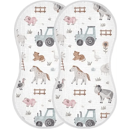 Burbuja Farm Animals Muslin Baby Burp Cloths, Soft & Absorbent Cotton Burping Rags for Newborn Boys & Girls, 2 Pack