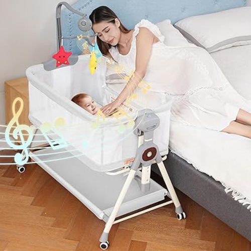 Rocking Baby Bassinet, Bedside Bassinet for Baby, 3 in 1 Bedside Sleeper with Musical Toys, Storage Basket and Wheels, Adjustable Bedside Crib for Newborn, White