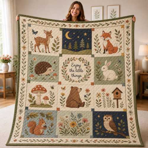 Woodland Animal Quilted Blanket, Forest Friends Quilt, Cottagecore Throw Blanket, Rustic Nursery Decor, Nature Gift  ARD-KFZ16