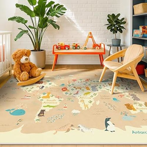 Washable Kids Playroom Rug with Animal – 5x8 Educational World Map Play Mat with Kids Room – Non-Slip, Stain Resistant, Soft & Safe for Baby, Nursery, Classroom or Bedroom - Beige