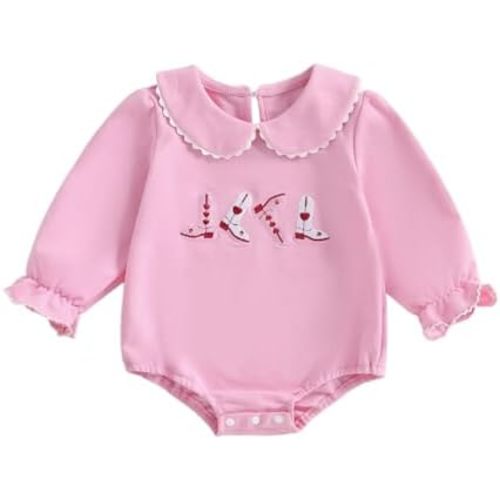 Baby Girl Western Clothes Boots Embroidery Peter Pan Collar Long Sleeve Bubble Romper Bodysuit Newborn Cowgirl Outfit