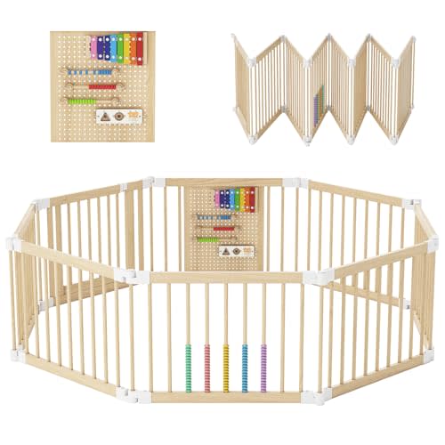 EXPERLAM Baby Playpen - Wooden Playpen for Babies and Toddlers, Foldable Play Pen with Locking Gate, Portable Baby Fence with Adjustable Shape and Size, Extra Large Toddler Play Yard (59X59x21Inches)