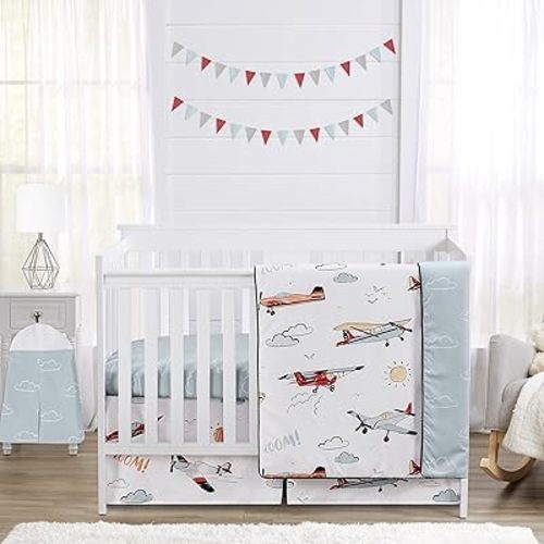 Sweet Jojo Designs 4-Piece Baby Crib Bedding Set (Vintage Airplane) for Boys, Infants/Nursery incl. Blanket, Fitted Sheet, Skirt, Diaper Stacker (Blue, Red, Grey, Airplanes, Transportation, Clouds)