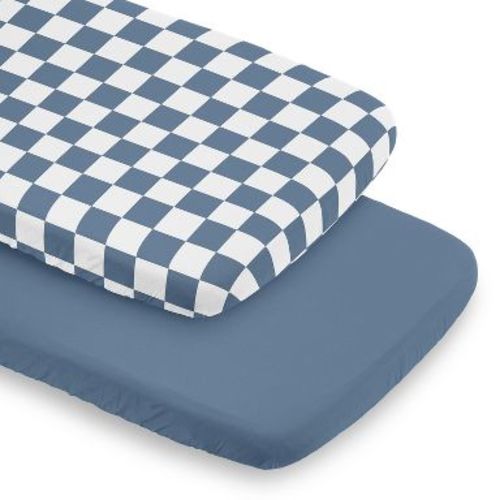 Sweet Jojo Designs Boy Baby Bassinet Fitted Sheets Set Gingham Checkered Plaid Blue and White 2pc