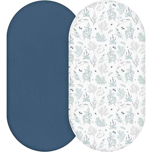 Muslin Bassinet Fitted Sheets, 2 Pack for Baby Boy and Girl, Soft Breathable Baby Pad/Mattress Sheet, Fit for Hourglass Oval and Rectangle Bassinet Mattress (Blue Deer)