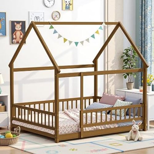 LLS Full Size Montessori Floor Bed Frame with Slats and Fence, Wooden House Bed for Boys Girls Bedroom, Light Espresso