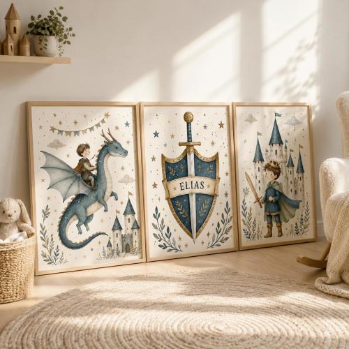 Fairytale Dragon Nursery Wall Art Set of 3, Personalized Knight Castle Prints, Custom Name Boys Room Digital Download