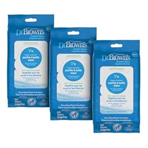 Dr. Brown's Bottle and Pacifier Healthy Wipes, Safely Clean Bottles, Baby Items, and Feeding Essentials, Hypoallergenic, 40 count, 3-Pack (Packaging May Vary)