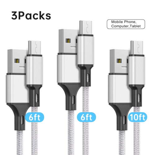 Cshidworld USB Type C Cable, 3-Pack 6ft 6ft 10ft, Fast Charging Nylon Braided, Silver