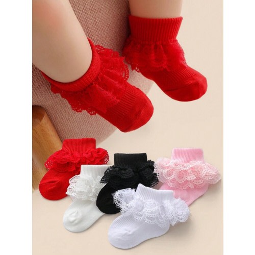 5/10/1 Pair Of Baby Socks. 0-3Y Girls' Short Socks With Lace Ruffle. Comfortable Princess Socks For Newborns. Lace Socks. Soft And Comfortable. Available In Pink, Black, Red, Beige, And White. Suitable For Wearing In Spring, Summer, Autumn, And Winter | S