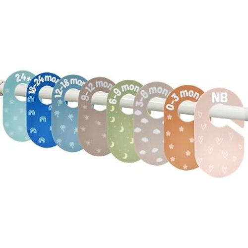 Baby Closet Dividers - Size Tag - 8-Piece Plastic Baby Clothes Organizer Hanger with Double-Sided Designs - Nursery Organization for Baby Clothing Newborn to 2T Girl & Boy (A Solid Multi-Color)