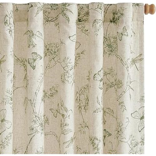 Lazzzy Lined Linen Farmhouse Green Floral Curtains 63 Inch Length Back Tab Drapes for Living Room Bedroom Light Filtering Country Vintage Rod Pocket, 2 Panels, Green on Beige