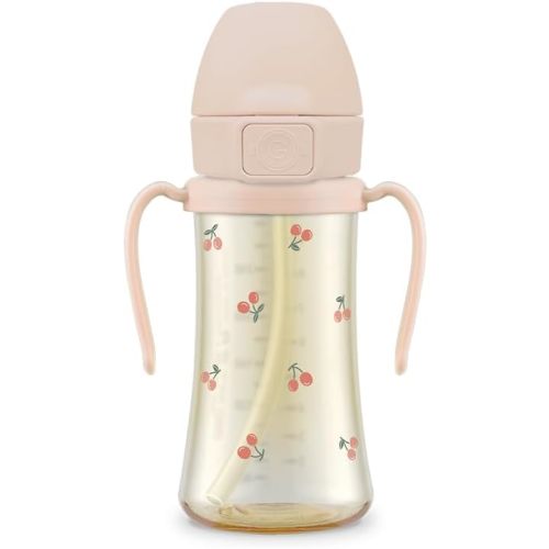 GROSMIMI Baby Straw Cup, Spill-Proof PPSU Sippy Cup with Flip-Top, Rotating Handles for Babies & Toddlers 12+ Months, Bite-Resistant Silicone Straw, BPA-Free, Stage 2, 10oz (Cherry)