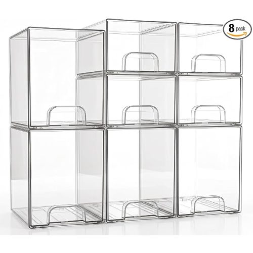 Clear Stackable Storage Drawers: Baby Bottle Storage Organizer, Acrylic Bottles Station Organizer Container for Countertop, Vanity, Bathroom, Cabinet Organization - 8 Pack