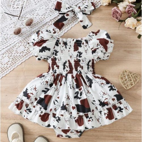 Baby Girl's 2pcs Fashionable Cow Printed Ruffle Hem Dress Bodysuit With Headband Set, Summer | SHEIN USA