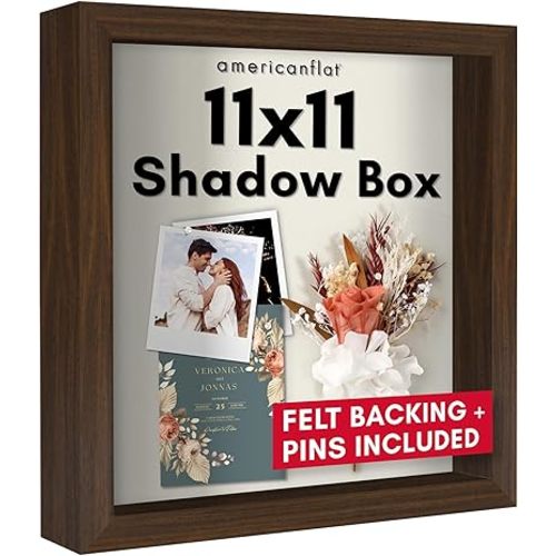 Americanflat 11x11 Shadow Box Frame with Shatter-Resistant Glass - Silhouette Collection - Large Shadow Box Display Case for Tabletop and Wall Display - Walnut with Soft Felt Back