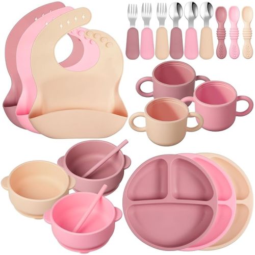 24 Pack Silicone Baby Feeding Set Baby LED Weaning Supplies Includes Suction Divided Plates Soft Bowl Spoons Forks Adjustable Bib Snack Cup and Straws(Pink, Dark Pink, Nude)