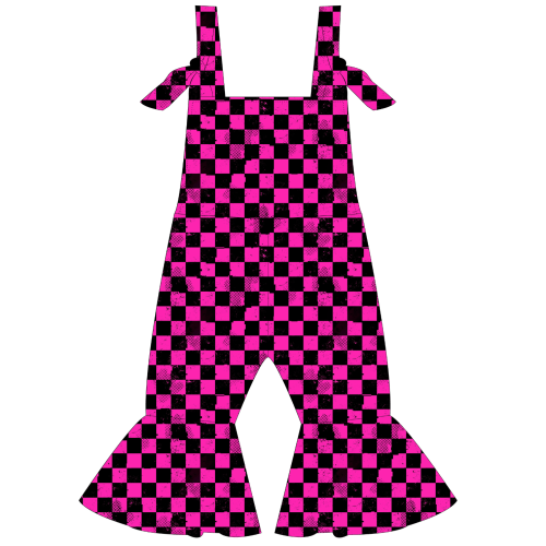 Strictly Wild Pit Stop Pink Checkered Bell Bottom Jumpsuit - Pit Stop Pink Checkered Bell Bottom Jumpsuit