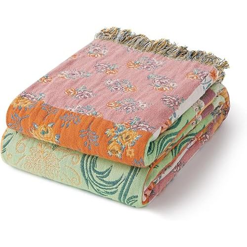 RILIHO 100% Cotton Boho Throw Blanket for Home Decor – Classic Farmhouse Quilt Bedding, Muslin Blankets for Adults, Vintage Woven Decorative Blanket for Couch, Bed Layering Use, Patchwork, 50"x60"