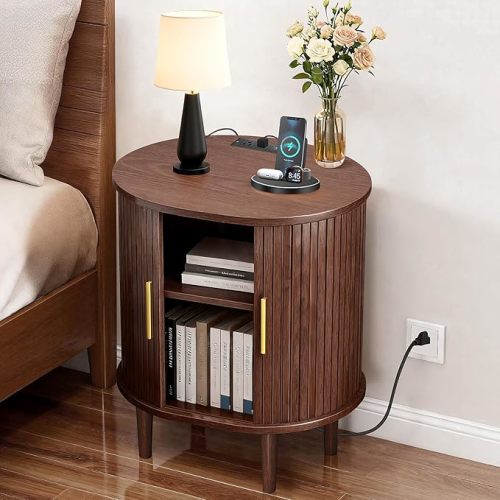 DHH Mid Century Modern Nightstand with Charging Station, Fluted Accent Side Table with Sliding Door & Adjustable Shelf, End Table for Small Space, Living Room, Bedroom,Sofa Couch (1, Walnut)