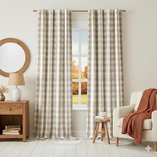 Beige White Buffalo Plaid Blackout Curtains 84 Inches Long for Bedroom Living Room,Thermal Insulated Noise Reducing Drapes,Vintage Farmhouse Window Treatment,Rod Pocket Back Tabs,40"Wx84"Lx2