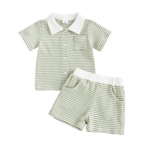 fhutpw Baby Toddler Boy Clothes Striped Button Down Shirt Tops + Elastic Waist Shorts Infant Boys Summer Outfits 2PCS Sets