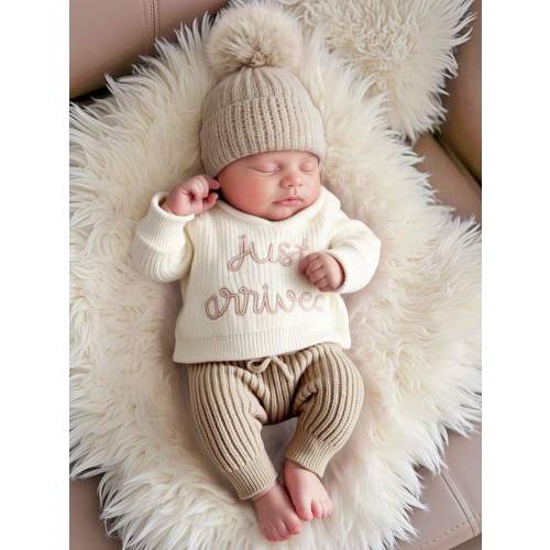 SHEIN 3Pcs Set Baby Hospital Arrival Announcement Outfit 1-3 Month Baby Knitted Tops And Pants With Hat Newborn Photo Shoot Props Neutral Baby Coming Home Outfit | SHEIN USA